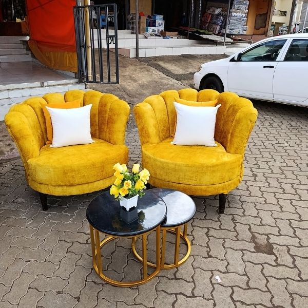 Luxurious Mustard Velvet Shell-Back Accent Chairs 1 Luxurious Mustard Velvet Shell-Back Accent Chairs