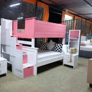 Pink & White Double Decker Bed with Storage